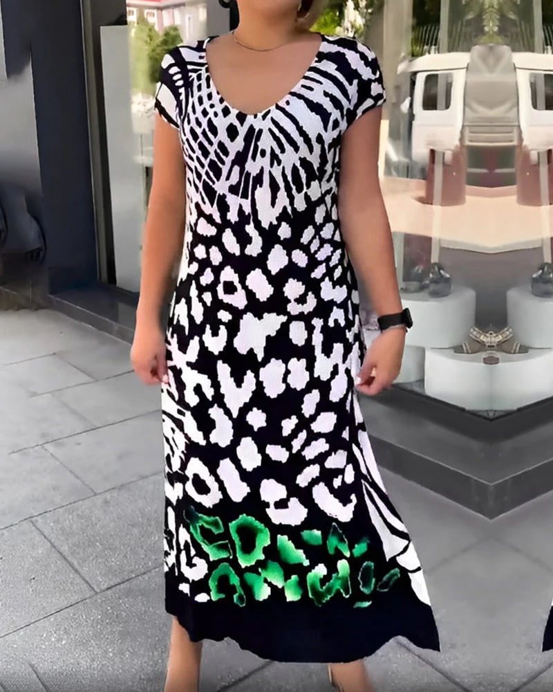 Cenalyra - Robe femme midi décontractée à manches courtes avec imprimé