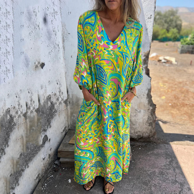 Herminie - Robe Longue Élégante à Imprimé Abstrait