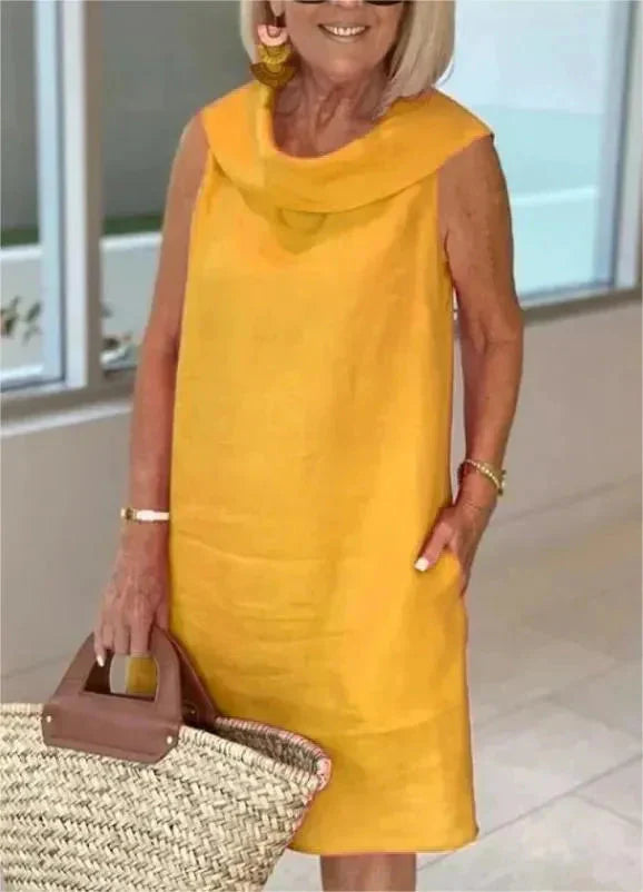 Stella - Élégante robe à col montant en coton et lin