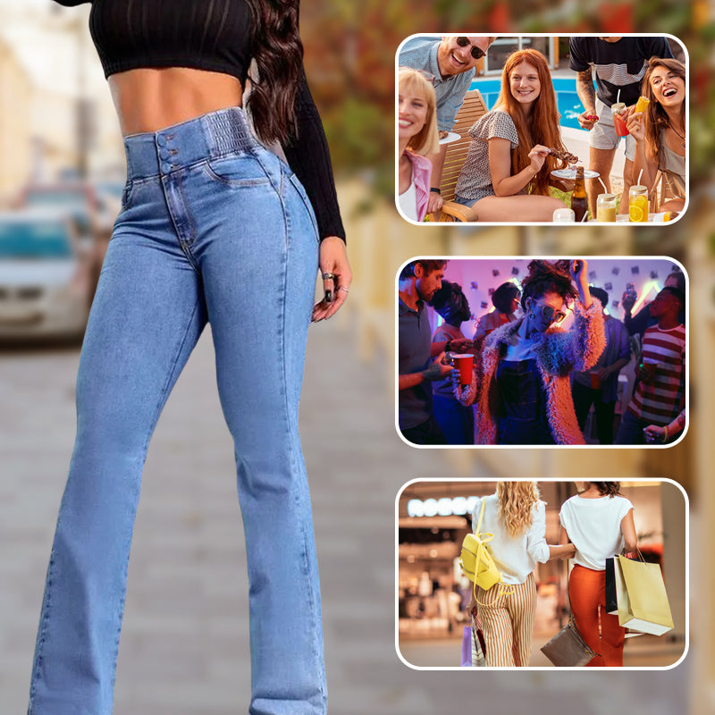 Bexora - Jean Femme Taille Haute Flare Coupe Ajustée Denim Extensible