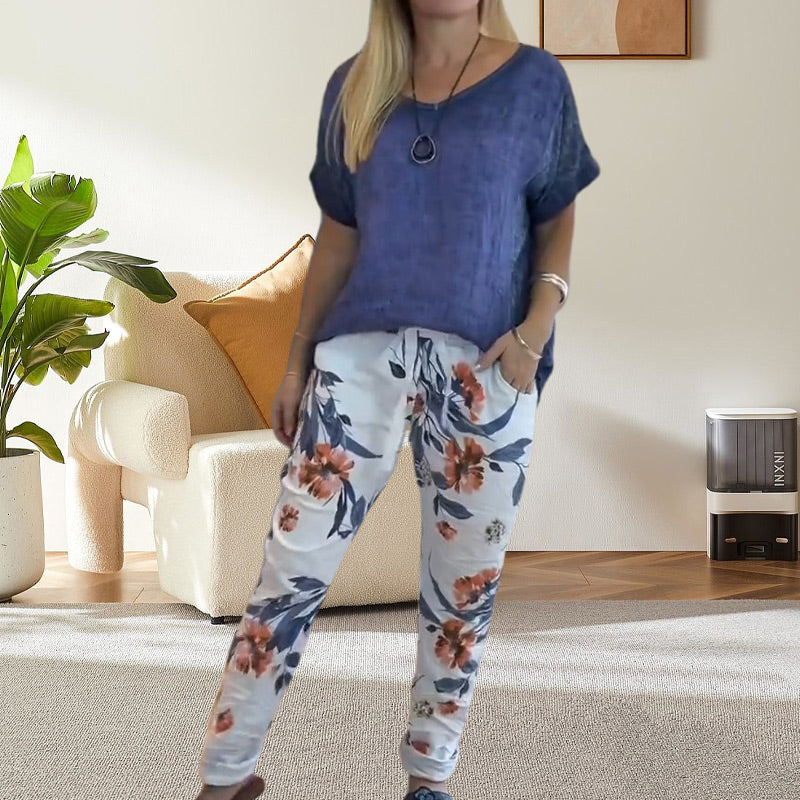 Evangeline - Ensemble 2 Pièces Femme – Blouse Unie et Pantalon Décontracté à Imprimé Floral