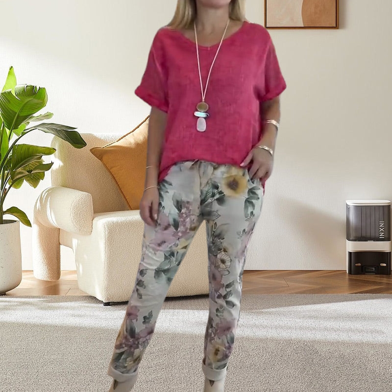 Evangeline - Ensemble 2 Pièces Femme – Blouse Unie et Pantalon Décontracté à Imprimé Floral