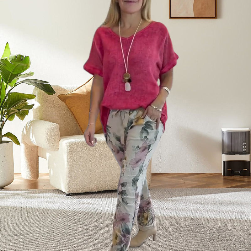 Evangeline - Ensemble 2 Pièces Femme – Blouse Unie et Pantalon Décontracté à Imprimé Floral