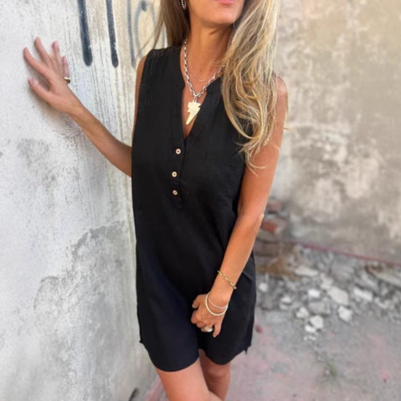 Noelia - Robe Sans Manches à Boutons et Décolleté en V pour Femme