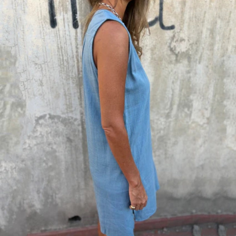 Noelia - Robe Sans Manches à Boutons et Décolleté en V pour Femme