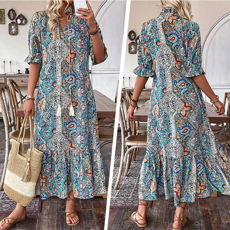 Esther - Robe bohème femme imprimée florale à col V élégant