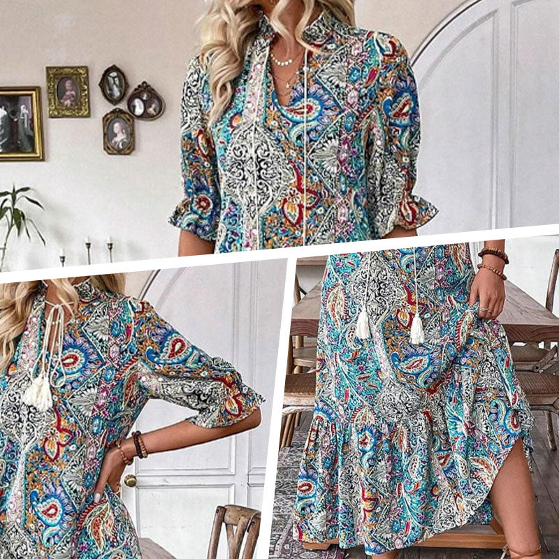 Esther - Robe bohème femme imprimée florale à col V élégant