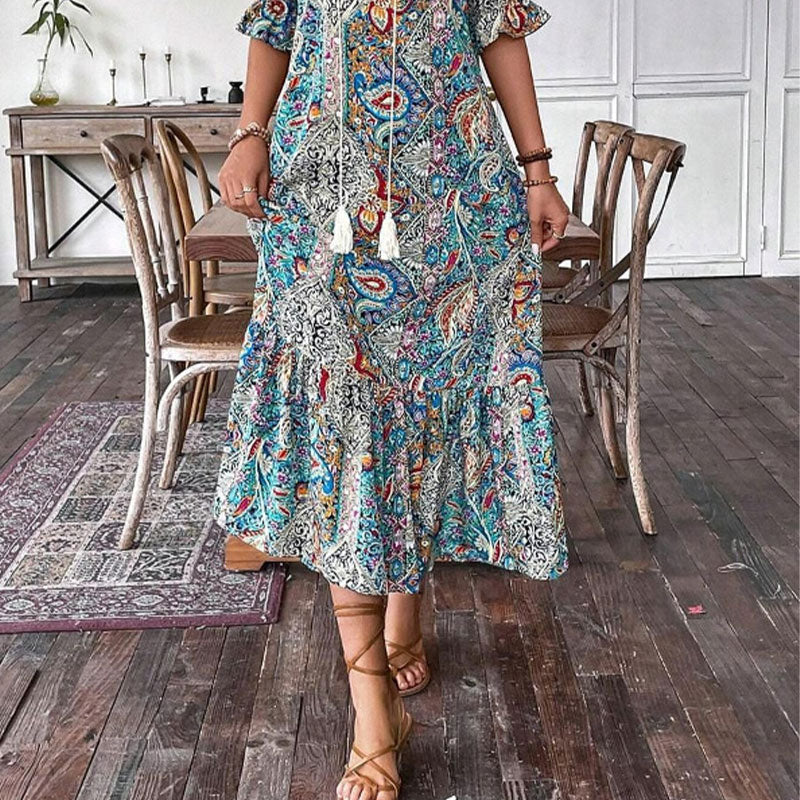 Esther - Robe bohème femme imprimée florale à col V élégant