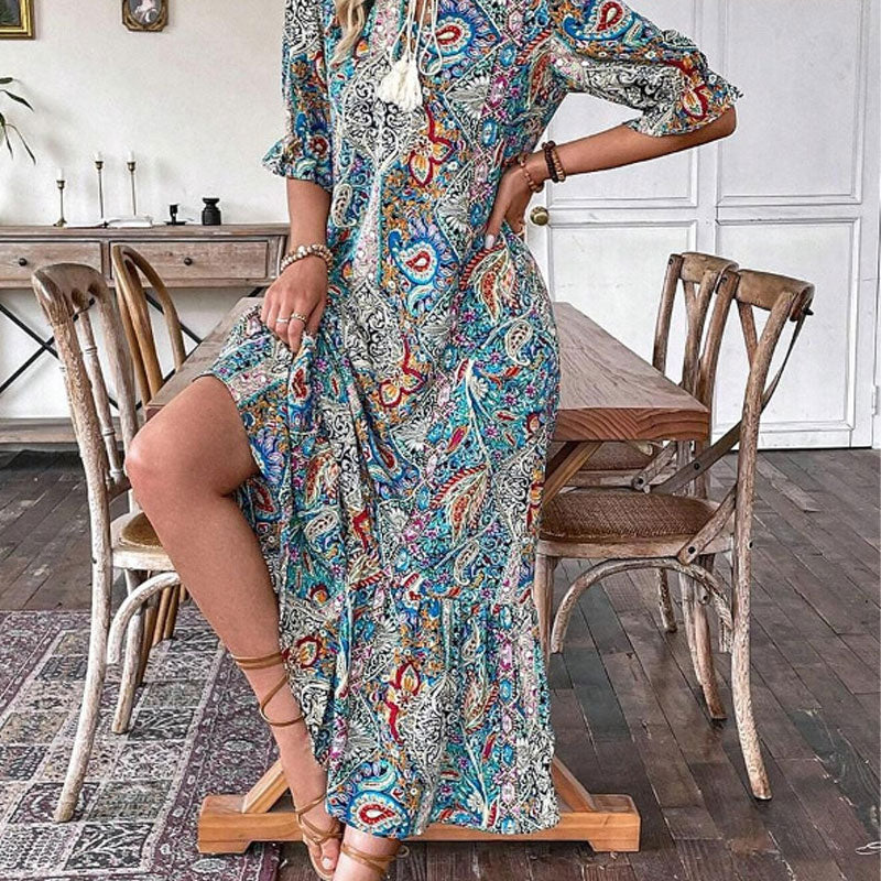 Esther - Robe bohème femme imprimée florale à col V élégant
