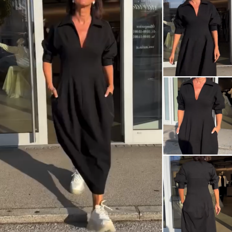 Stéphanie - Robe Midi Élégante à Revers et Col V