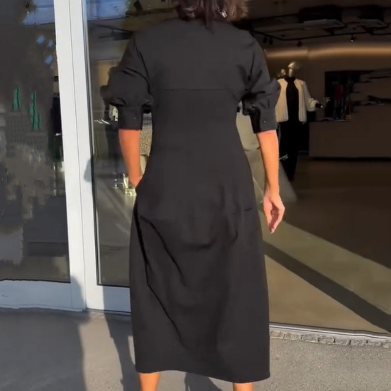 Stéphanie - Robe Midi Élégante à Revers et Col V