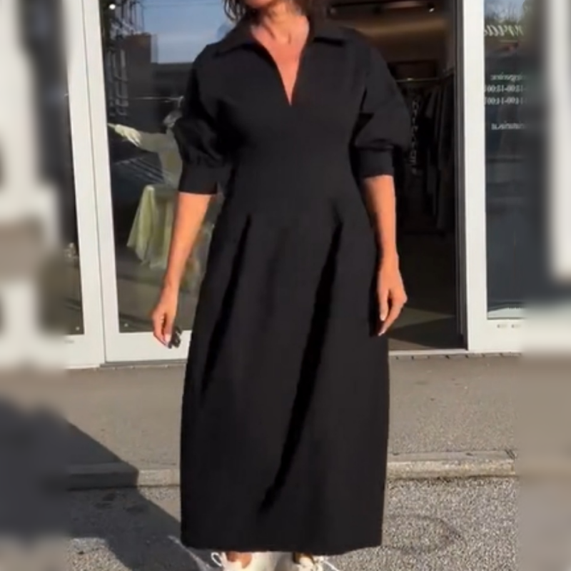 Stéphanie - Robe Midi Élégante à Revers et Col V