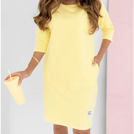 Lieka - Robe à Col Rond et Manches 3/4 avec Poches