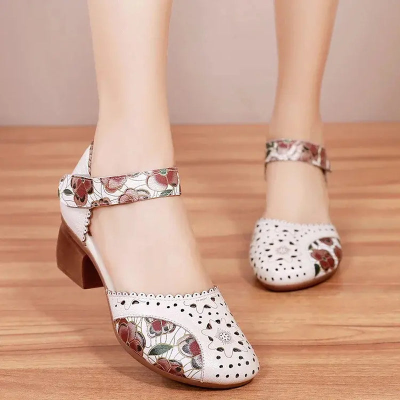 Sylvexa - Chaussures femme talon bloc cuir ajouré bride velcro floral