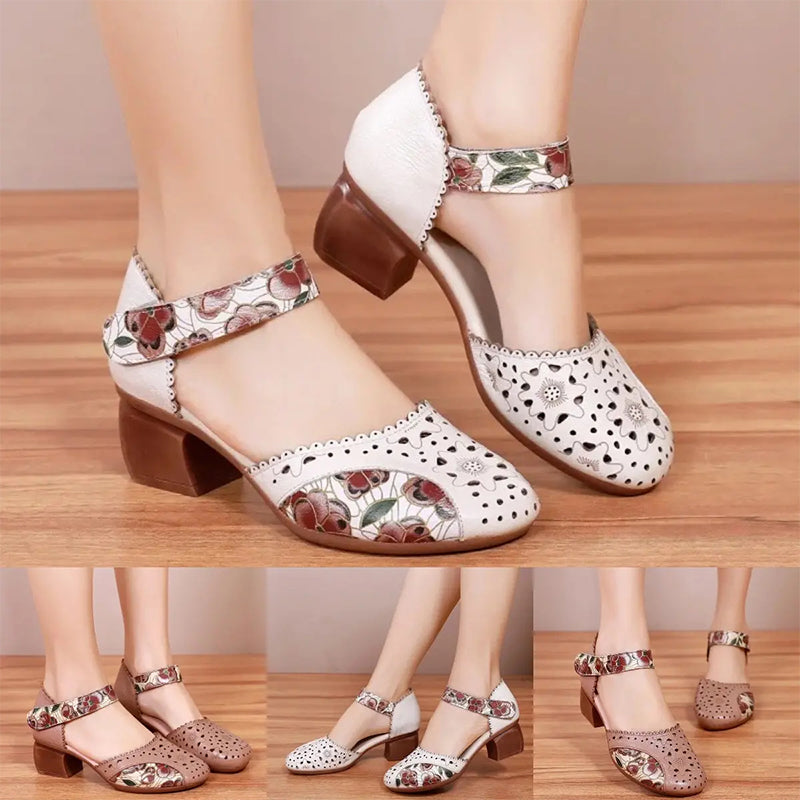 Sylvexa - Chaussures femme talon bloc cuir ajouré bride velcro floral