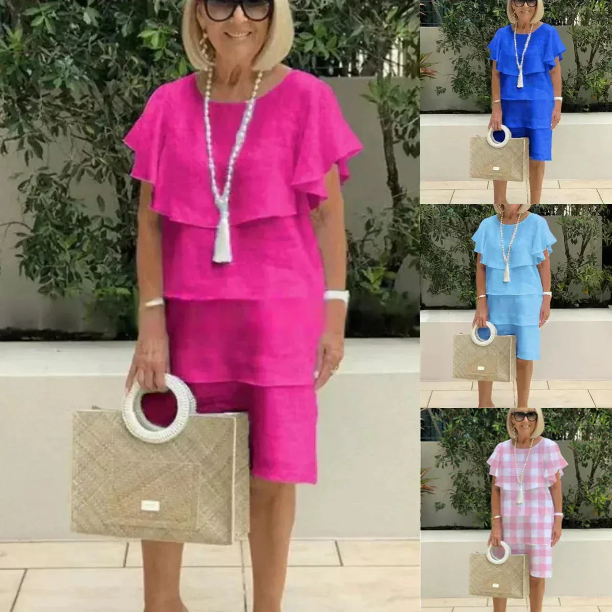 Sibel - Robe en chiffon à manches courtes, longueur genou avec volants