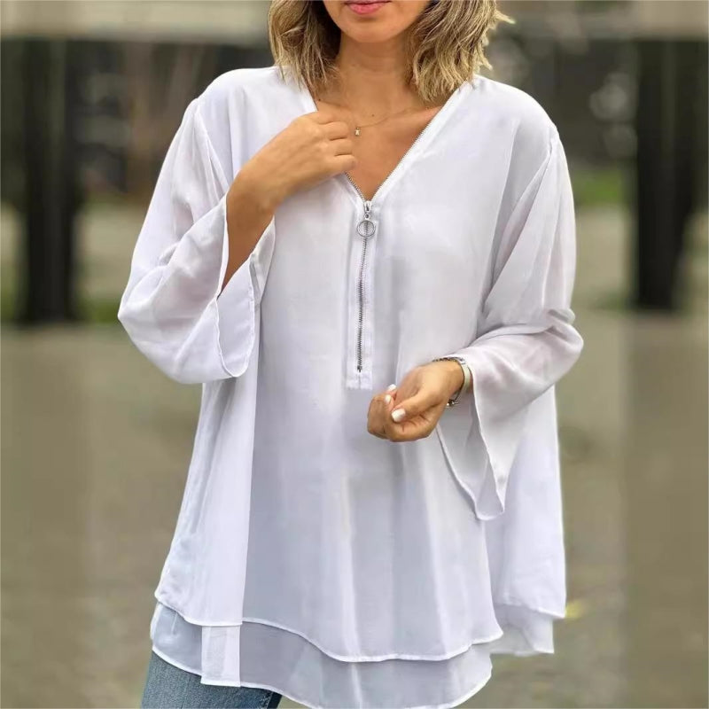 Quorina - Blouse Femme en Chiffon Col V Zippé Manches 3/4 Fluide Élégante
