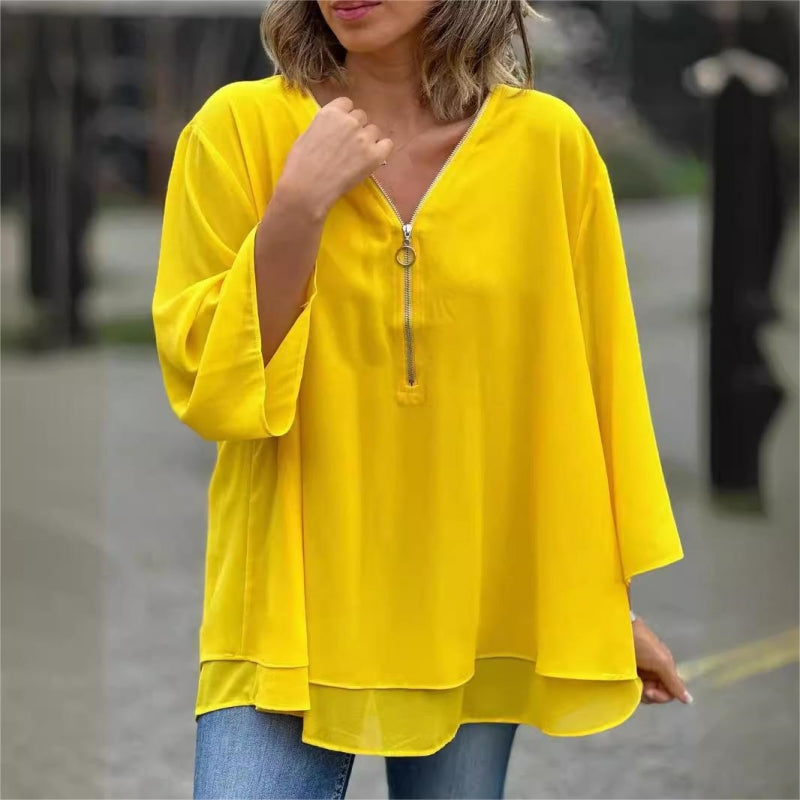 Quorina - Blouse Femme en Chiffon Col V Zippé Manches 3/4 Fluide Élégante