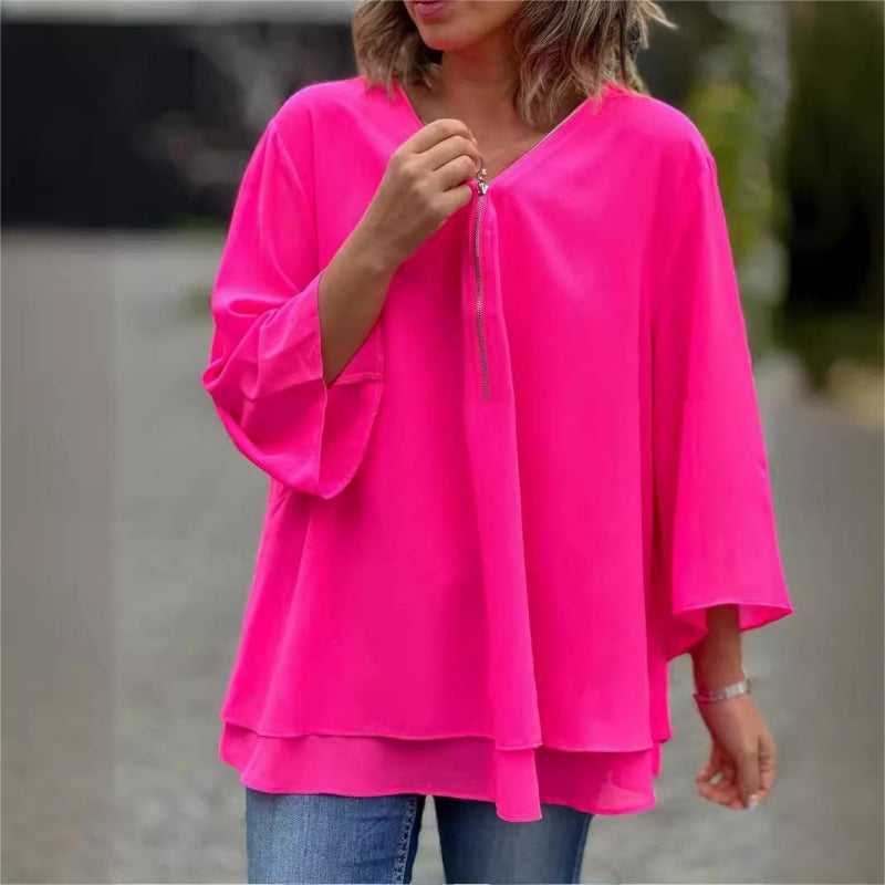 Quorina - Blouse Femme en Chiffon Col V Zippé Manches 3/4 Fluide Élégante