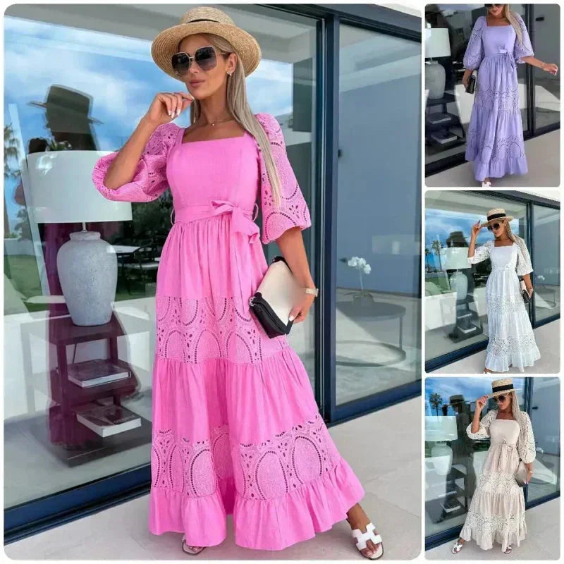 Therenia - Robe Patchwork Longue avec Ceinture et Décolleté Carré
