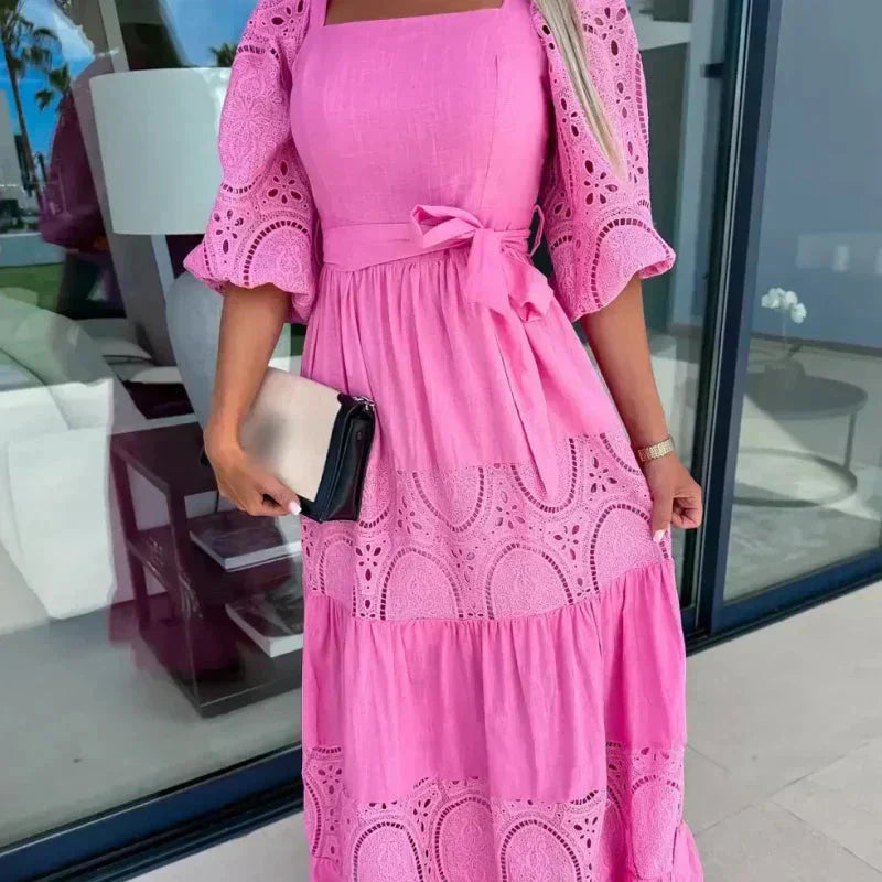 Therenia - Robe Patchwork Longue avec Ceinture et Décolleté Carré