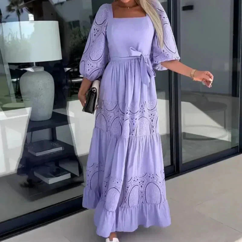 Therenia - Robe Patchwork Longue avec Ceinture et Décolleté Carré