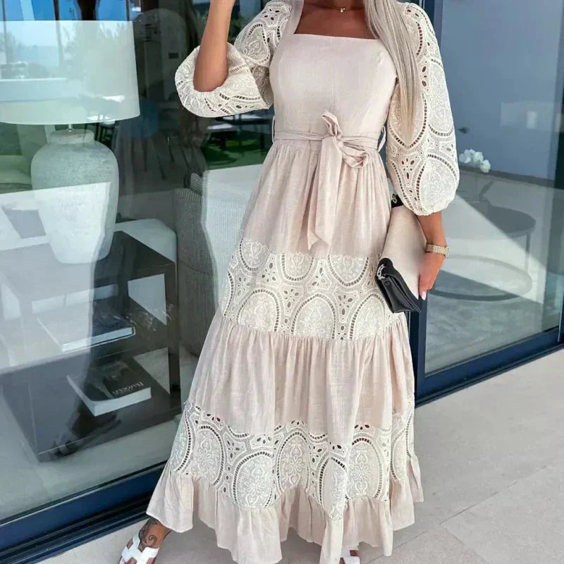Therenia - Robe Patchwork Longue avec Ceinture et Décolleté Carré