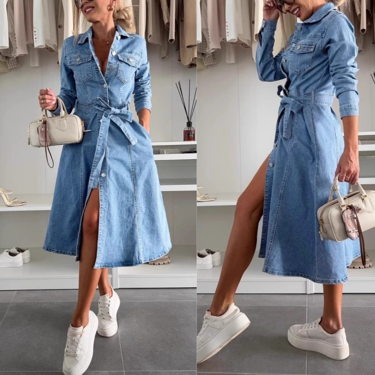 Avenyx - Robe Femme Denim Ajustée Ceinturée Style Moderne Polyvalent