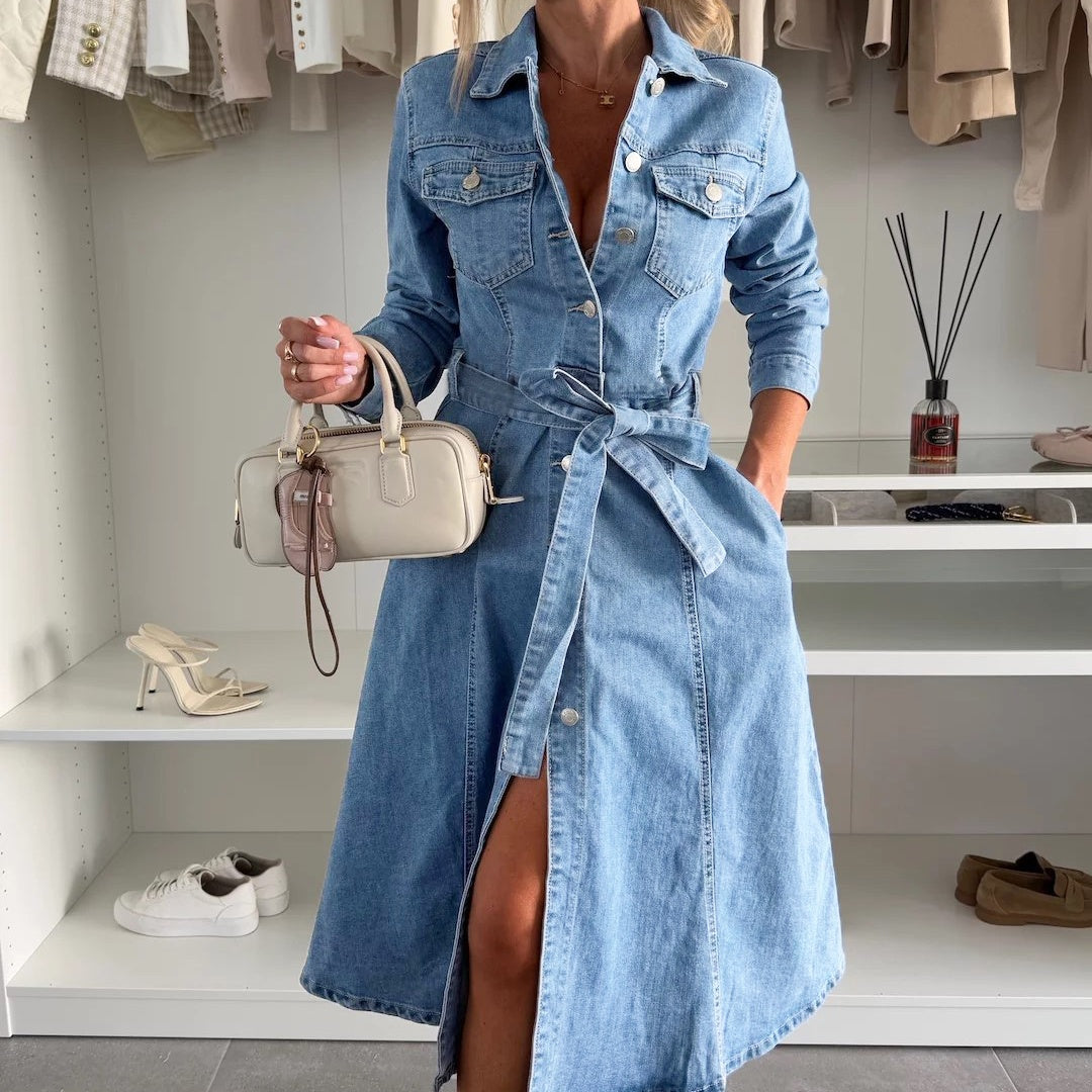 Avenyx - Robe Femme Denim Ajustée Ceinturée Style Moderne Polyvalent