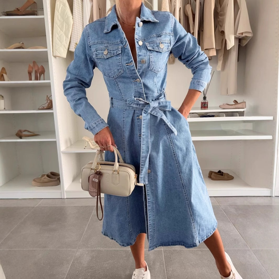 Avenyx - Robe Femme Denim Ajustée Ceinturée Style Moderne Polyvalent