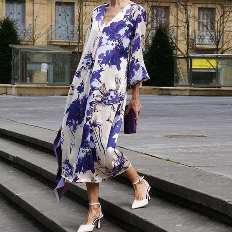 Ariadne - Robe Longue Élégante à Imprimé et Col en V pour Femme