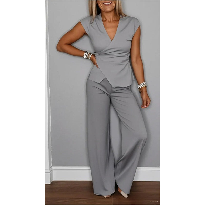 Bovirae - Ensemble femme élégant col V pantalon fluide moderne