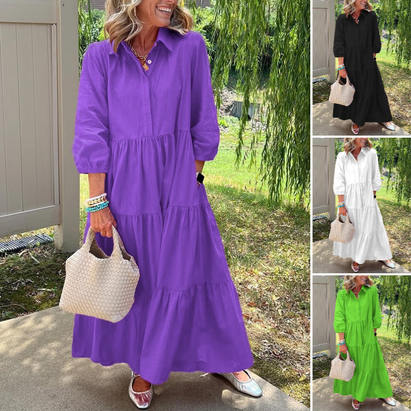 Faelina - Robe décontractée pour femmes, coupe ample avec col revers et longueur cheville