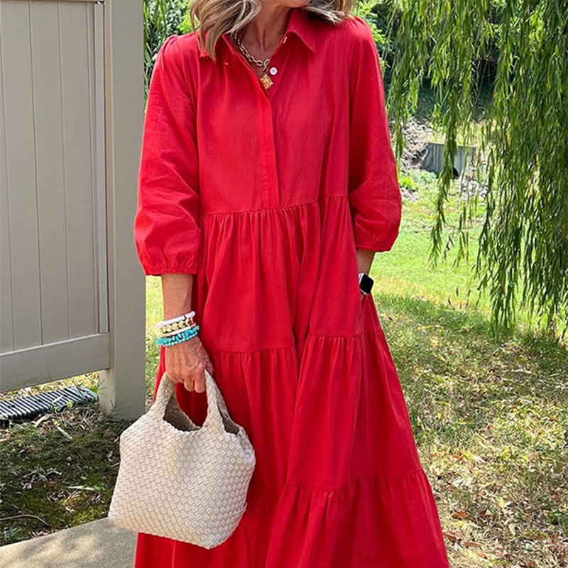 Faelina - Robe décontractée pour femmes, coupe ample avec col revers et longueur cheville
