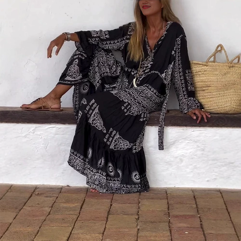 Azeliax - Robe femme longue imprimé ethnique col V ceinturée manches longues