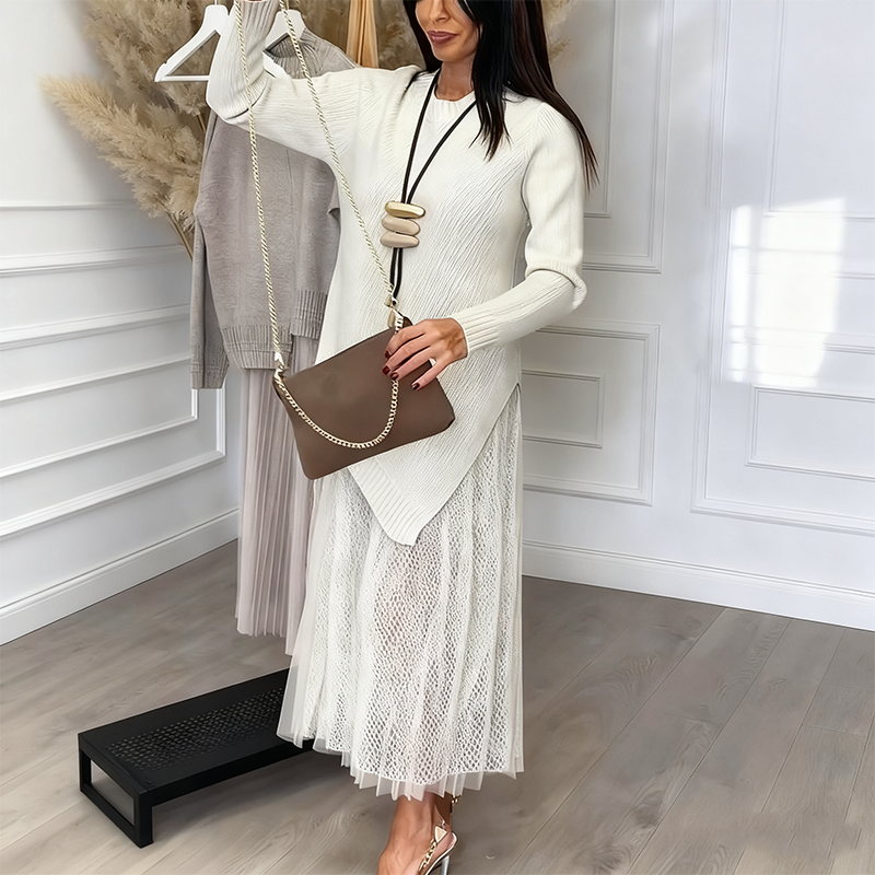 Evelyara - Ensemble Pull Asymétrique et Robe Midi Plissée