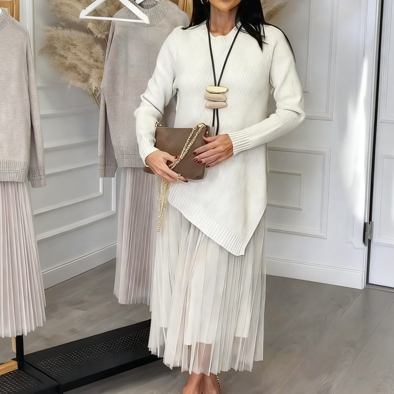 Evelyara - Ensemble Pull Asymétrique et Robe Midi Plissée