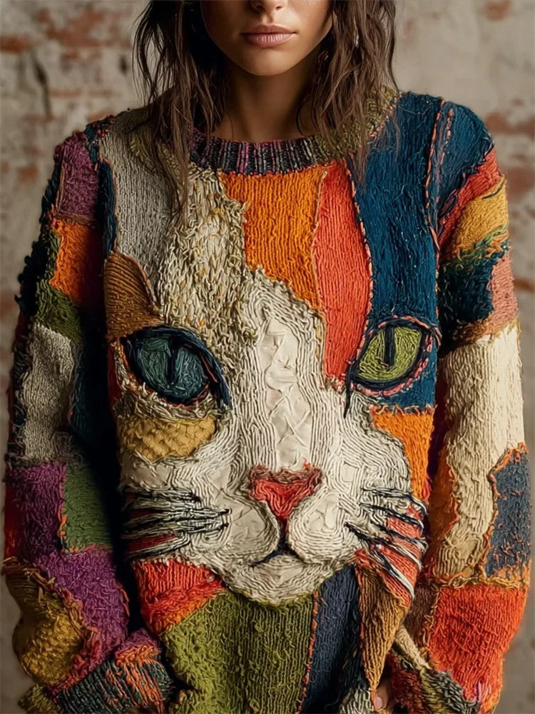 Marivelora - Pull en Tricot Vintage avec Impression d’Art de Chat