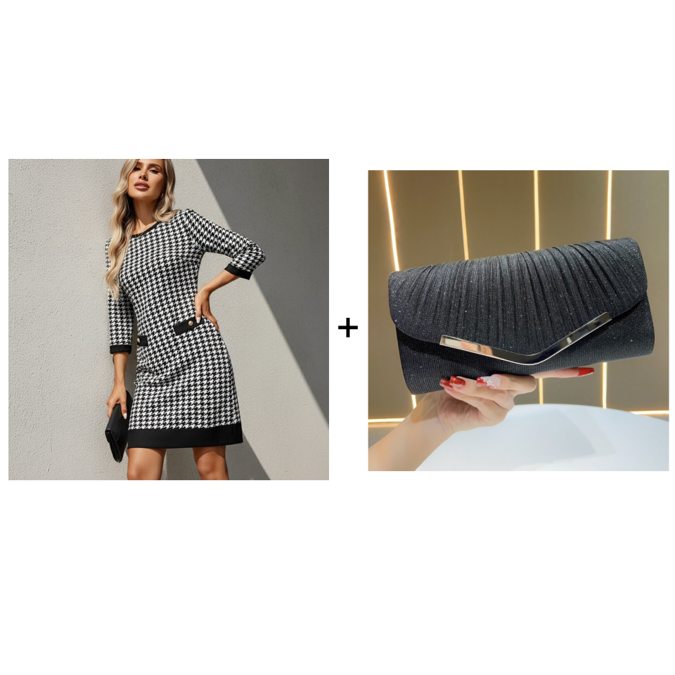 Olyra - Robe Midi Houndstooth Col Rond Élégante