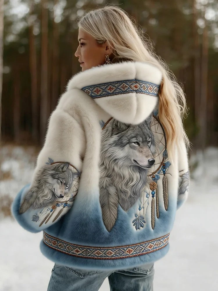Dahlina - Veste Femme Douce À Capuche Imprimé Loup