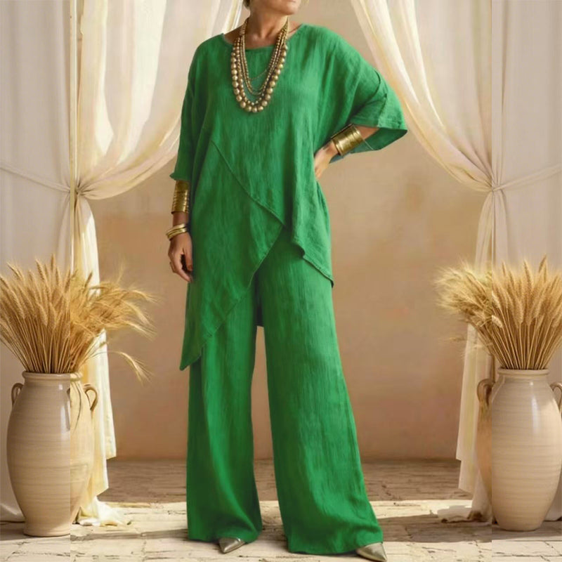 Eliune - Ensemble Femme Deux Pièces Haut Asymétrique et Pantalon Large Fluide