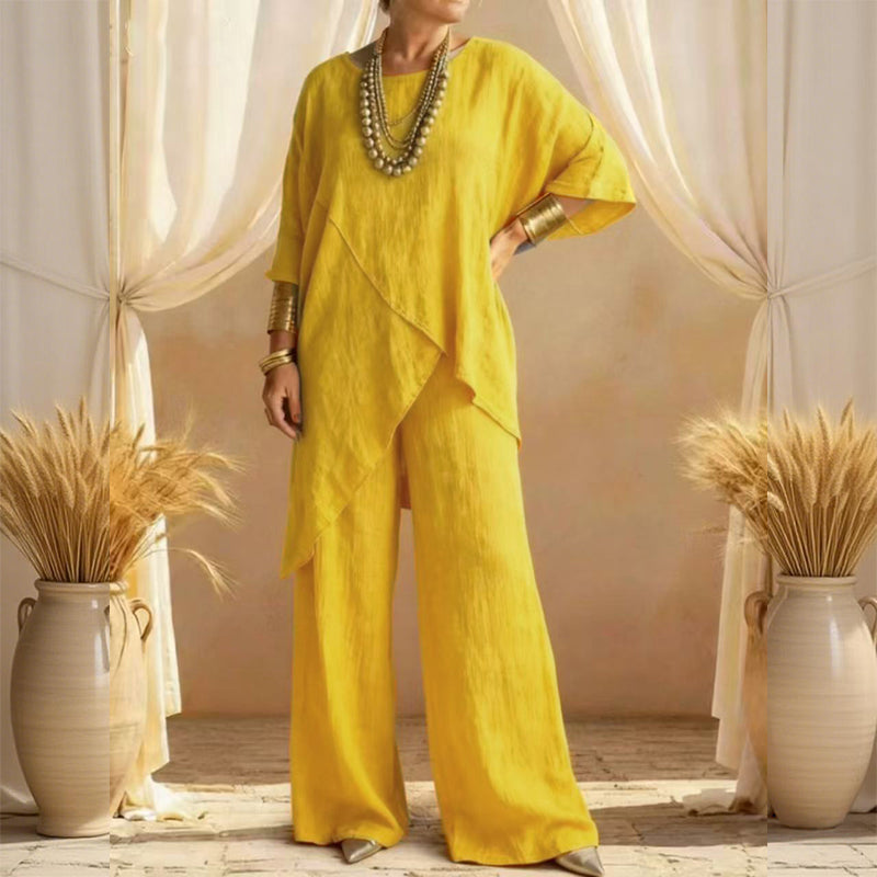 Eliune - Ensemble Femme Deux Pièces Haut Asymétrique et Pantalon Large Fluide