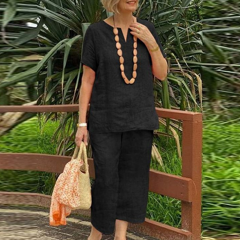 Glynia - Ensemble Femme Coton Lin Deux Pièces Col V et Pantalon Fluide