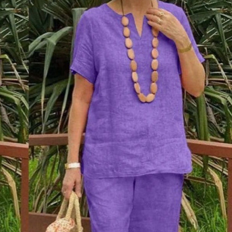 Glynia - Ensemble Femme Coton Lin Deux Pièces Col V et Pantalon Fluide