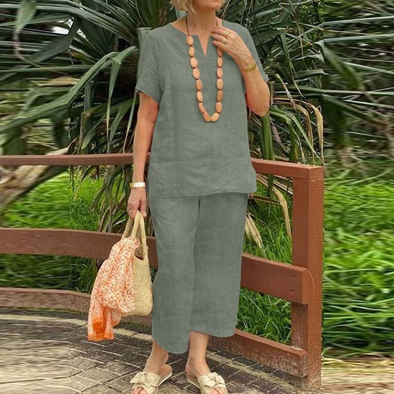 Glynia - Ensemble Femme Coton Lin Deux Pièces Col V et Pantalon Fluide