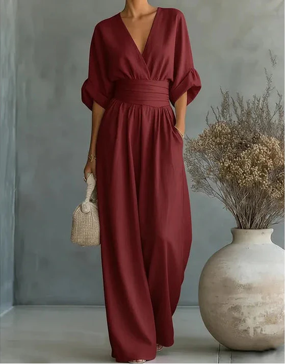 Avelissea - Combinaison femme à col V et pantalon large fluide