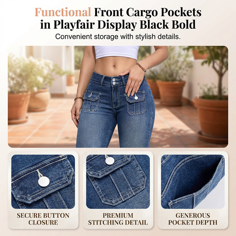 Hovelle - Pantalon Femme Capri Denim Stretch Coupe Ajustée Taille Mi Haute