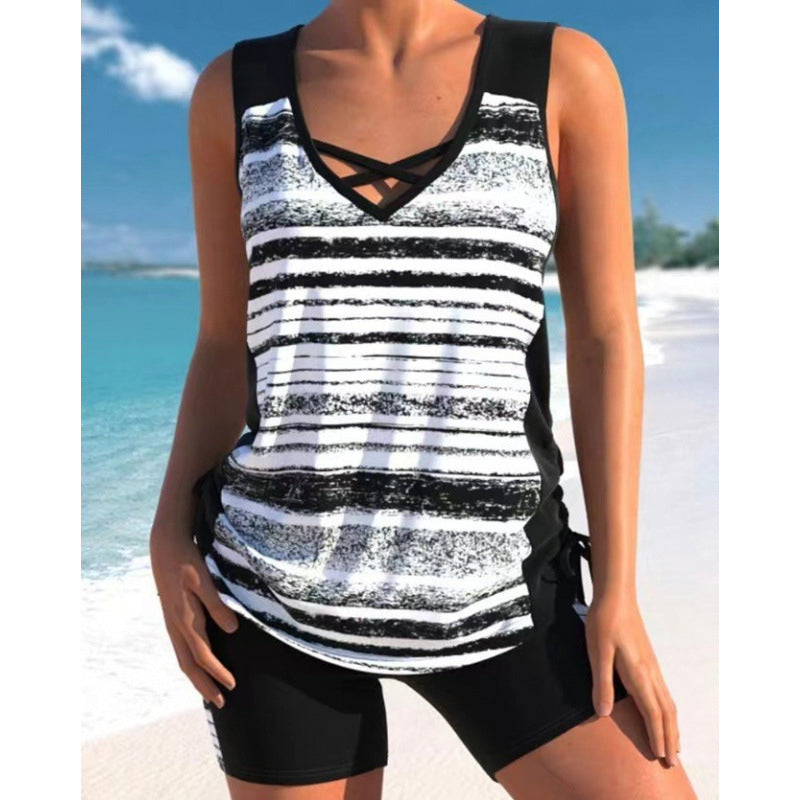 Tovienne - Tankini femme deux pièces col V shorts imprimé géométrique