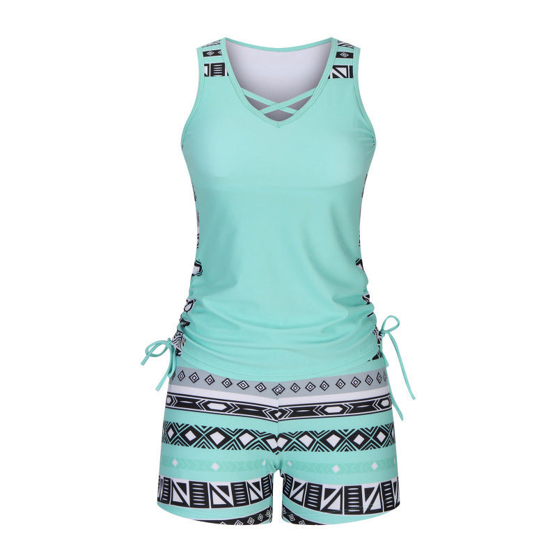 Tovienne - Tankini femme deux pièces col V shorts imprimé géométrique
