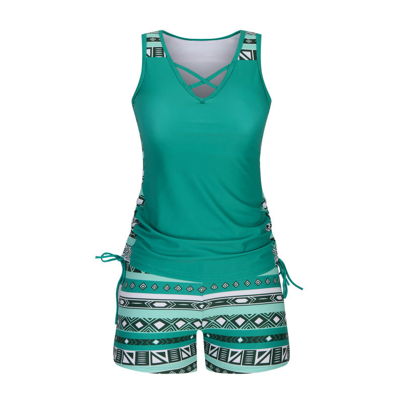 Tovienne - Tankini femme deux pièces col V shorts imprimé géométrique